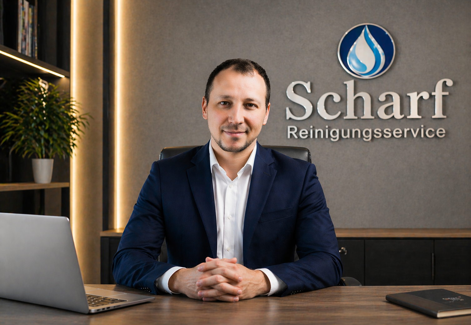 Alexander Scharf an seinem Schreibtisch mit Scharf-Reinigungsservice-Logo im Hintergrund